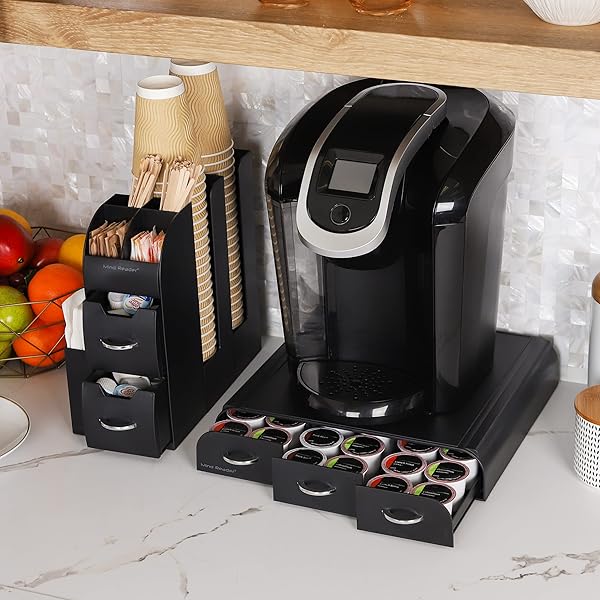 MIND READER SINGLE SERVE COFFEE POD DRAWER AND CUP CONDIMENT SET, 2 PCS., 36 POD CAPACITY, 5.35″L X 11.25″W X 11.15″H, BLACK