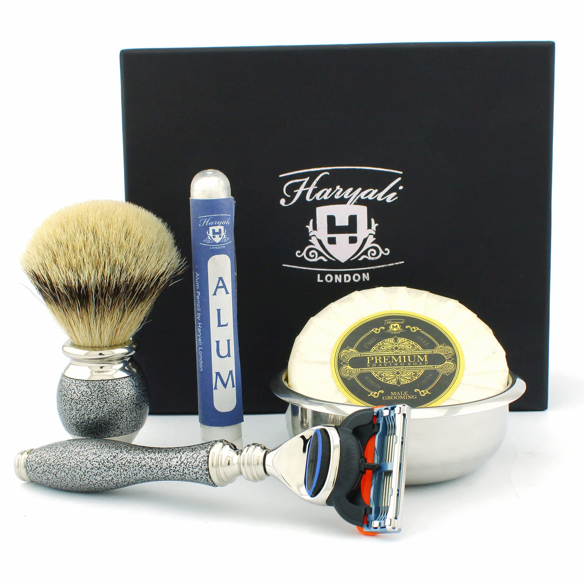 Haryali London Shaving Kit - 5pc Shaving Brush Set - Silver antique - Shaving Set - Badger Shaving Brush - 5 edge Shaving Blade Shaving Razor - Shaving Soap - Shaving Bowl - Alum Stick