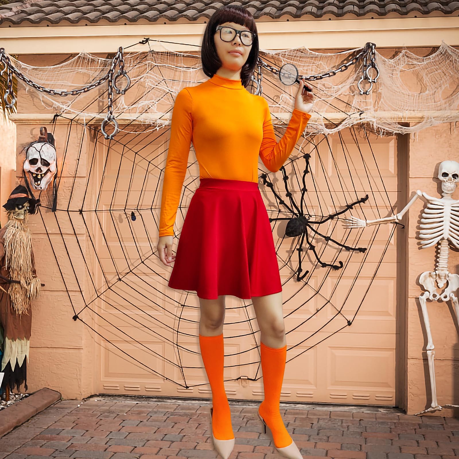 ATAMET Halloween Costume for Women,Sexy Long Sleeve Leotard Turtleneck Tops Bodysuit,Skater Skirt,Magnifying Glass,Socks