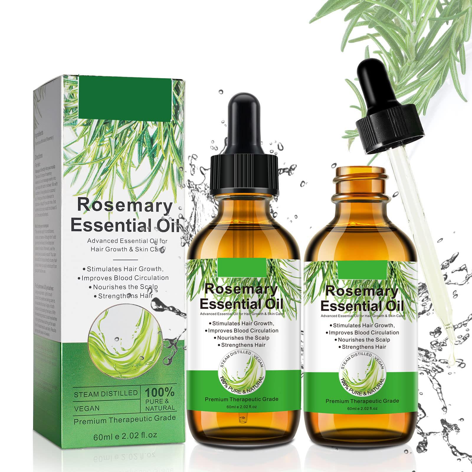 Rosemary Oil for Hair Growth,2 Pack Rosemary Essential Oil for Hair Loss Regrowth, Strengthens Hair, Nourishes Scalp, Light Weight, Non Greasy, Improves Scalp Circulation For Men And Women 2*2.02 Oz