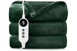 HYLEORY Heated Electric Blanket Throw, 2-Layer Cozy Warm Flannel 50" x 60", Heating Blanket with 9 Heating Levels, 2/4/6/10 Hours Auto Off, Fast Heating Winter Blanket, Green