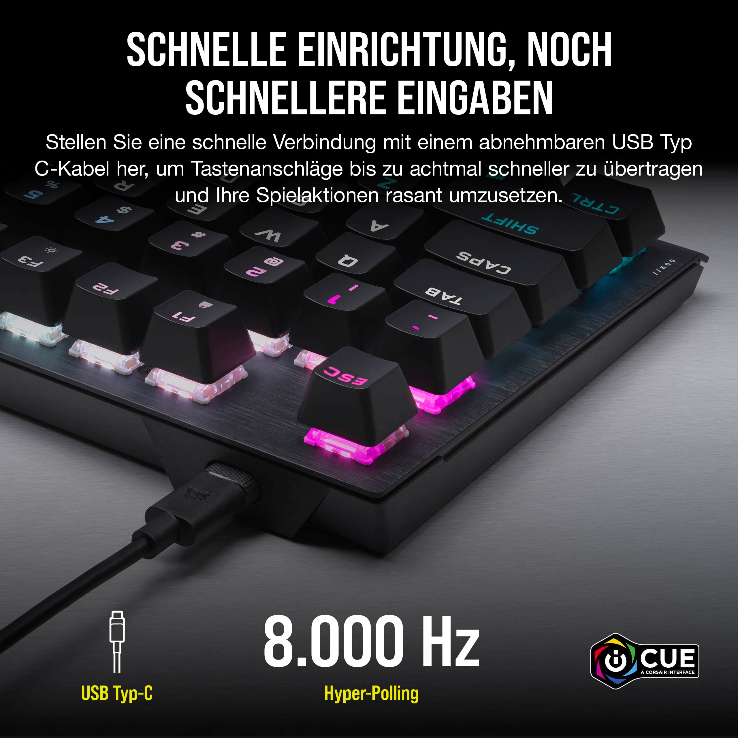 Corsair K60 PRO TKL RGB Tenkeyless Optisch-Mechanische Kabelgebundene Gaming-Tastatur - OPX Linear-Schalter - Polycarbonat-Tastenkappen - iCUE-Kompatibel - QWERTZ DE - PC, Mac, Xbox - Schwarz 5