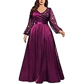 MISSMAY Women's Plus Size Sequins Lace Contrast Satin Wrap V-Neck Long Lantern Sleeve A-line Formal Maxi Dress