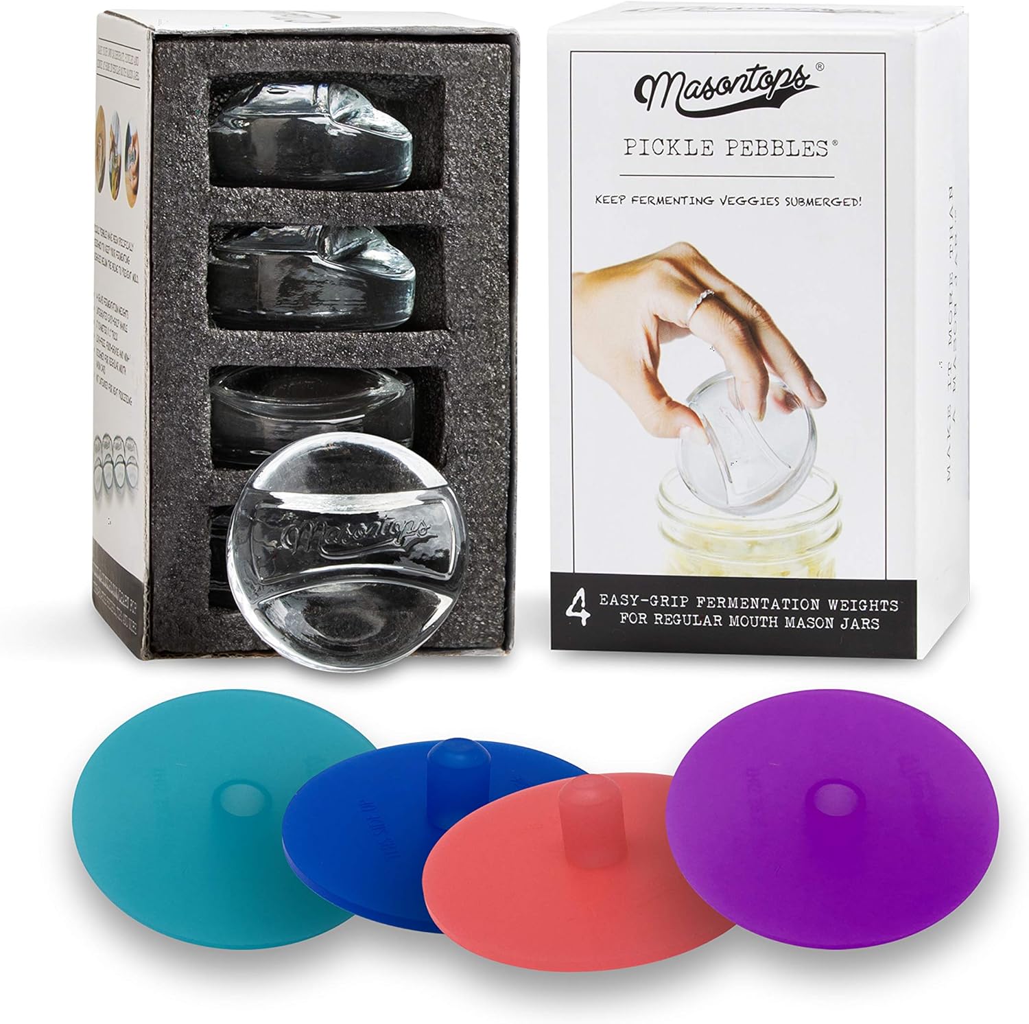 Masontops 8 PC Pickle Pebbles Glass Weight & Pickle Pipes Airlock Kits Small Regular Mouth Lid