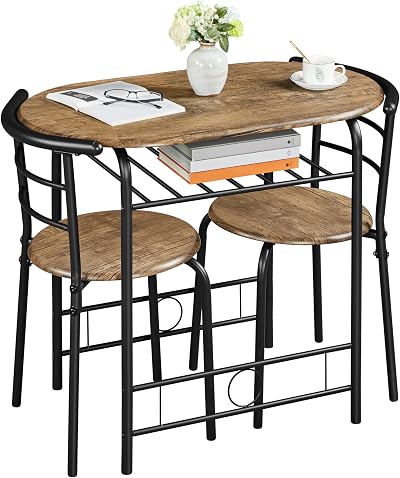Yaheetech 3 Piece Modern Dining Table Set with Storage Rack Brown