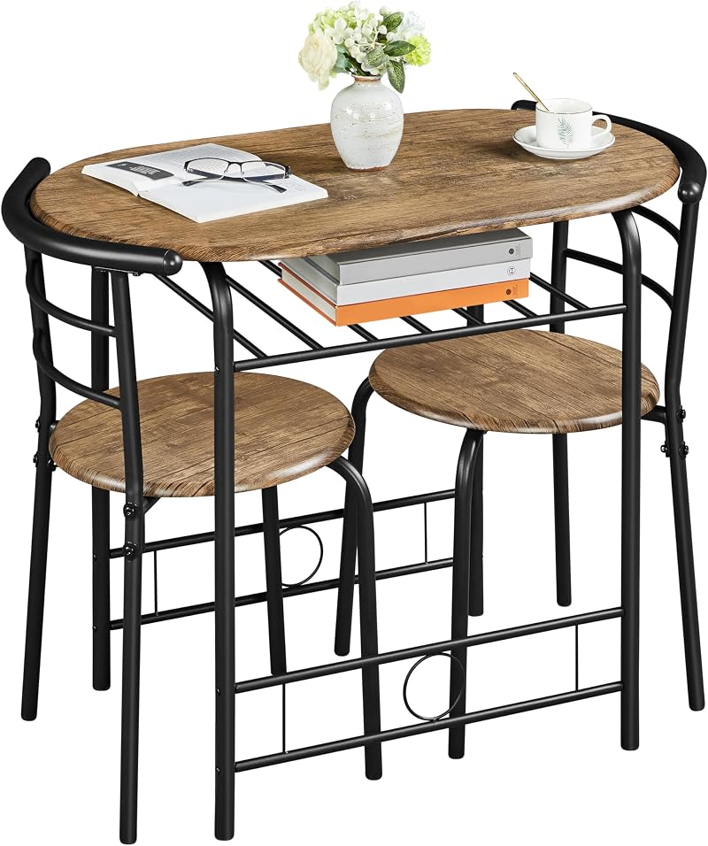 Yaheetech 3 Piece Modern Dining Table Set with Storage Rack Brown