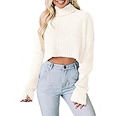 PRETTYGARDEN Women's 2026 Spring Fall Winter Turtleneck Cropped Sweater Causal Ribbed Knit Long Sleeve Pullover Jumper Tops
