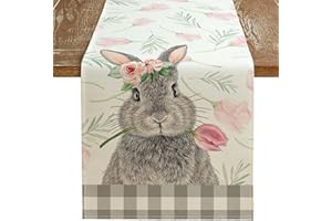 ARKENY Easter Table Runner 13x90 Inches, Bunny Rabbit Floral Spring Holiday Farmhouse Burlap Buffalo Plaid Indoor Table Decorations for Home AT383-90