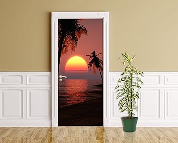 Bilderdepot24 Türtapete selbstklebend Sonnenuntergang mit Palmen 90 x 200 cm - Türaufkleber Türfolie Türposter - Sonne Natur 