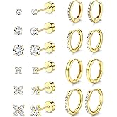 YADOCA Hypoallergenic Gold Stud Hoop Earrings for Women - Surgical Stainless Steel Flat Back Earrings 14K Gold Cartilage Hoops Earring Stacks Small Flatback Stud Earring Sets for Multiple Piercing