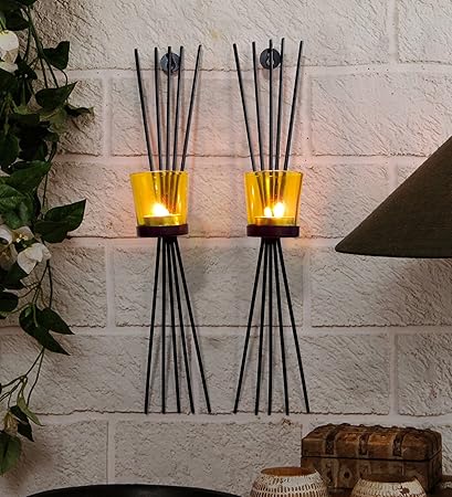 TIED RIBBONS Set of 2 Wall Hanging Tealight Candle Holder Metal Wall Sconce with Glass Cups and Tealight Candles for Christmas Lights for Home Decoration (Set of 2)