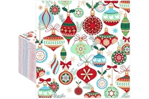 Quera 50 Pack Christmas Cocktail Napkins Disposable Vintage Lamp Ball Pine Branch Paper Napkins Winter Dinner Hand Napkin for Christmas Winter Holiday Party Supplies, 6.5 x 6.5 Inch