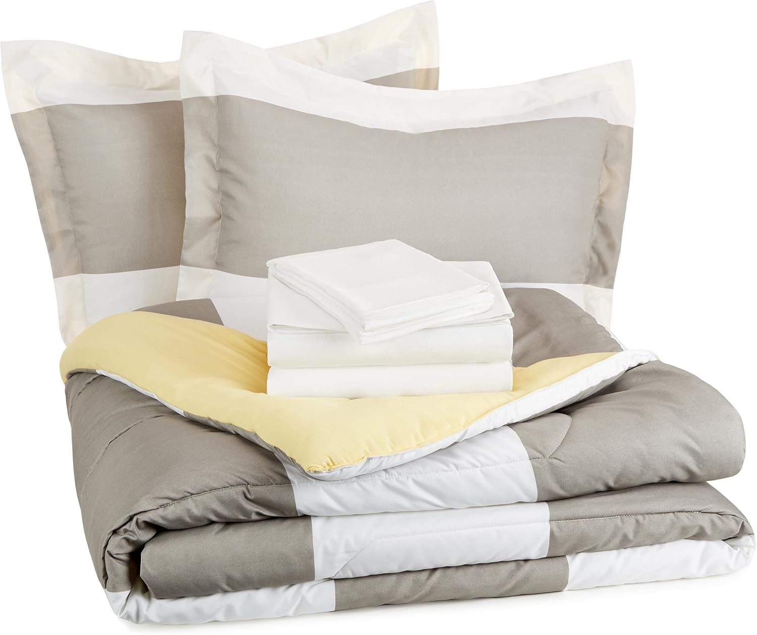 Basics 7-Piece Light-Weight Microfiber Bed-In-A-Bag Comforter Bedding Set - Full or Queen, Reversible Grey Stripe: Home & Kitchen