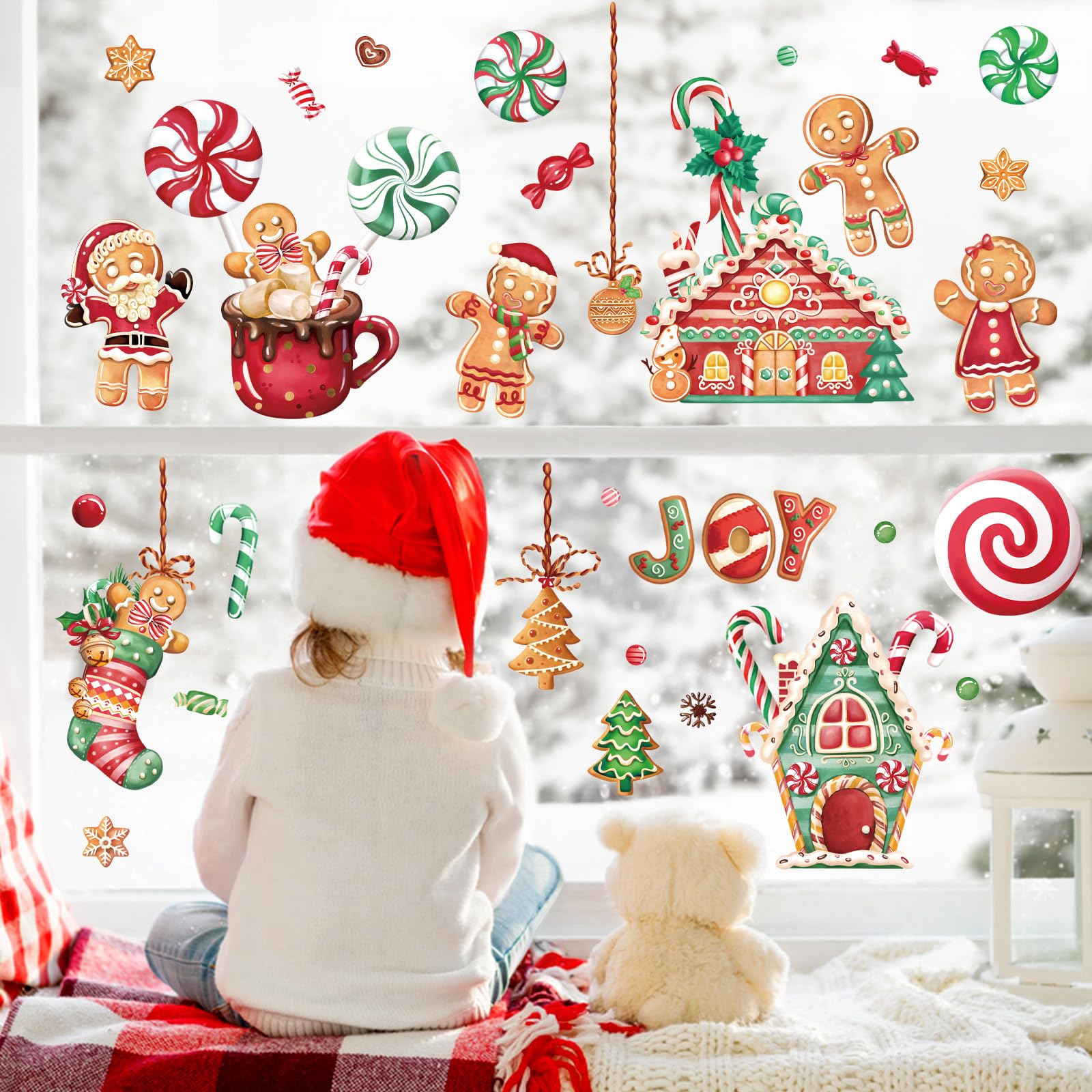 wondever Christmas Gingerbread Man Wall Stickers Peppermint Candy Cookie Christmas Window Wall Art Decals for Christmas Party Xmas Kitchen Home Party