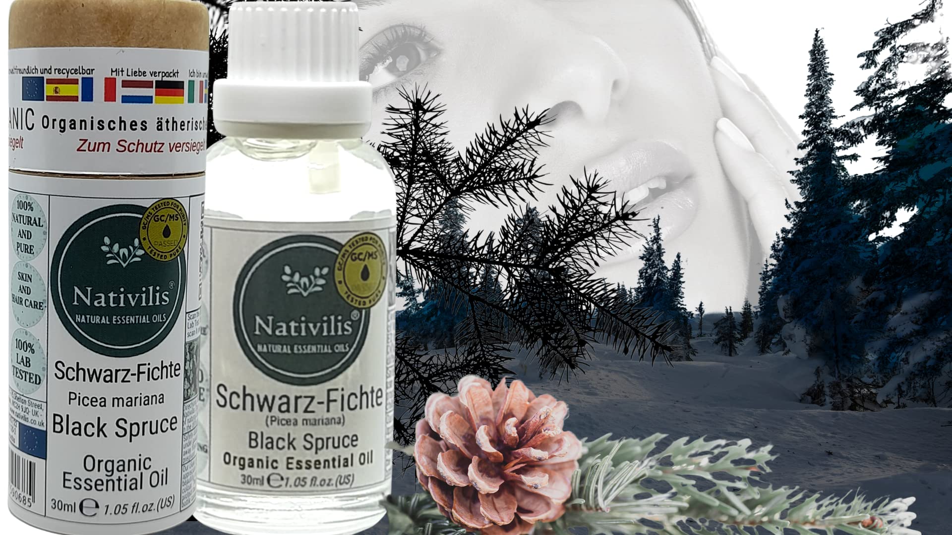 Nativilis Organic Black Spruce Essential Oil Picea Mariana Antiseptic Helps Respiratory Problems Muscle Pain - Provides Soothing Relief for Skin Copaiba Aromatherapy