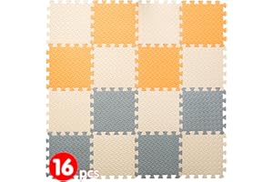 Coolcandy 16 Tiles Baby Play Mat, 0.4 Inch EVA Interlocking Floor Mats, Solid Colored Foam Puzzle Floor Mat Foam Mats for 47 * 47 inch playpen(Beige/Gray/Orange)