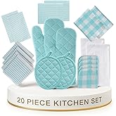 LANE LINEN Kitchen Towels and Dishcloths Sets - 20Pc Kitchen Towel Set, 350 Degree Heat Resistant Oven Mitts & Pot Holder, Reusable Absorbent Dish Cloths for Washing Dishes - Aqua