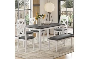 Zevemomo 6-Piece Solid Wood Dining Table Set, Including 1 Dining Table, 4 Upholstered Chairs and 1 Bench, Wooden Legs Dining Table Set for Dining Room, Kitchen, Restaurant, White