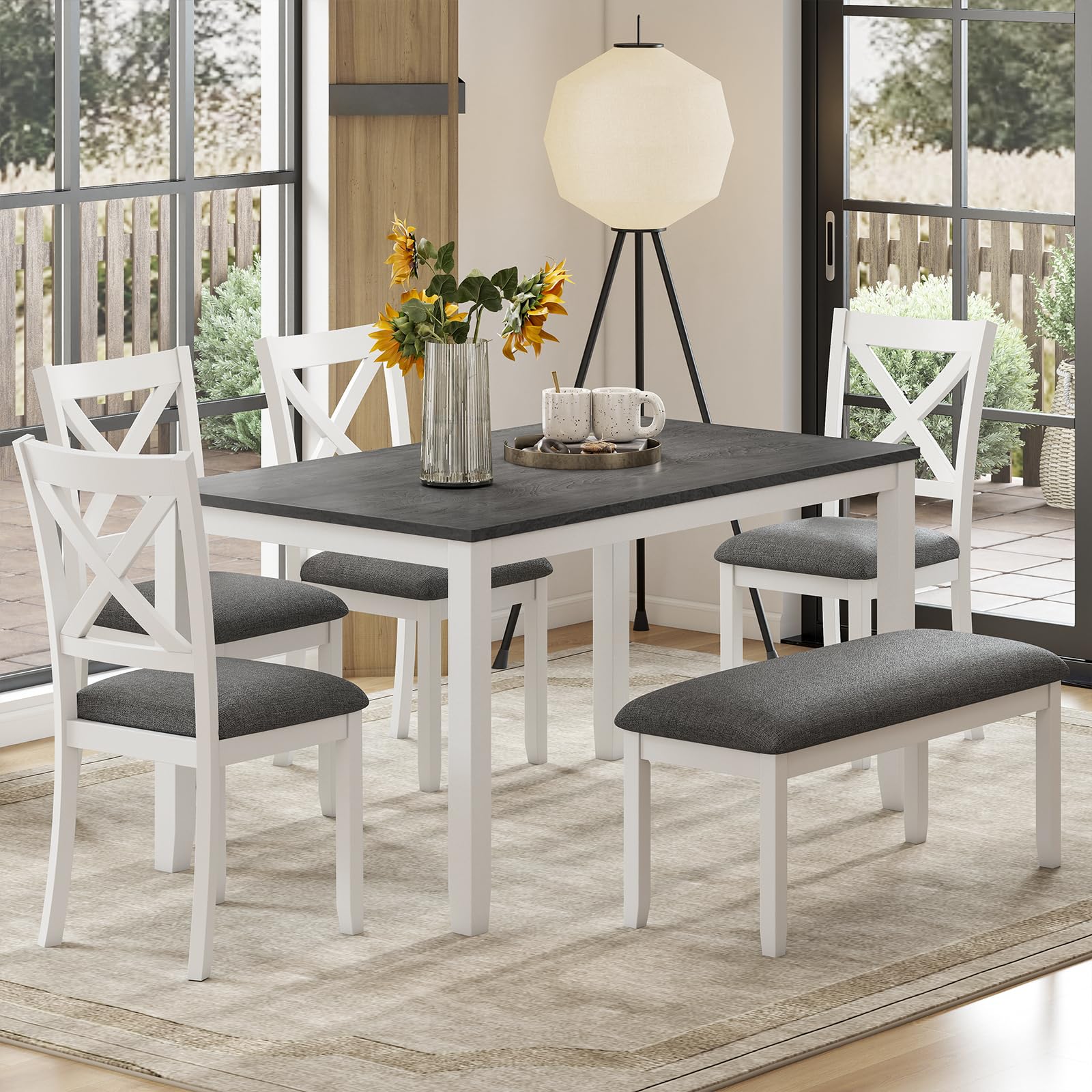 Photo 1 of *USED*
Zevemomo 6-Piece Solid Wood Dining Table Set, Including 1 Dining Table, 4 Upholstered Chairs and 1 Bench, Wooden Legs Dining Table Set for Dining Room, Kitchen, Restaurant, White