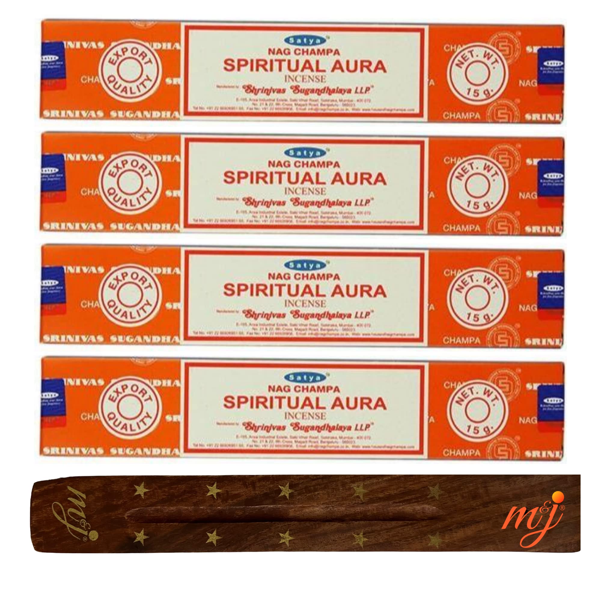 Original Satya Nag Champa Spiritual Aura Incense Sticks | with M&J incense sticks holder | x4 pack | for Aromatherapy, Spa, Yoga, Weddings, Meditation, Healing, Positivity and Relaxation — image 1