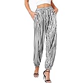heipeiwa Women's Metallic Pleated Sequin Shiny Joggers Pants Party Club Wear Sweatpant Trouser