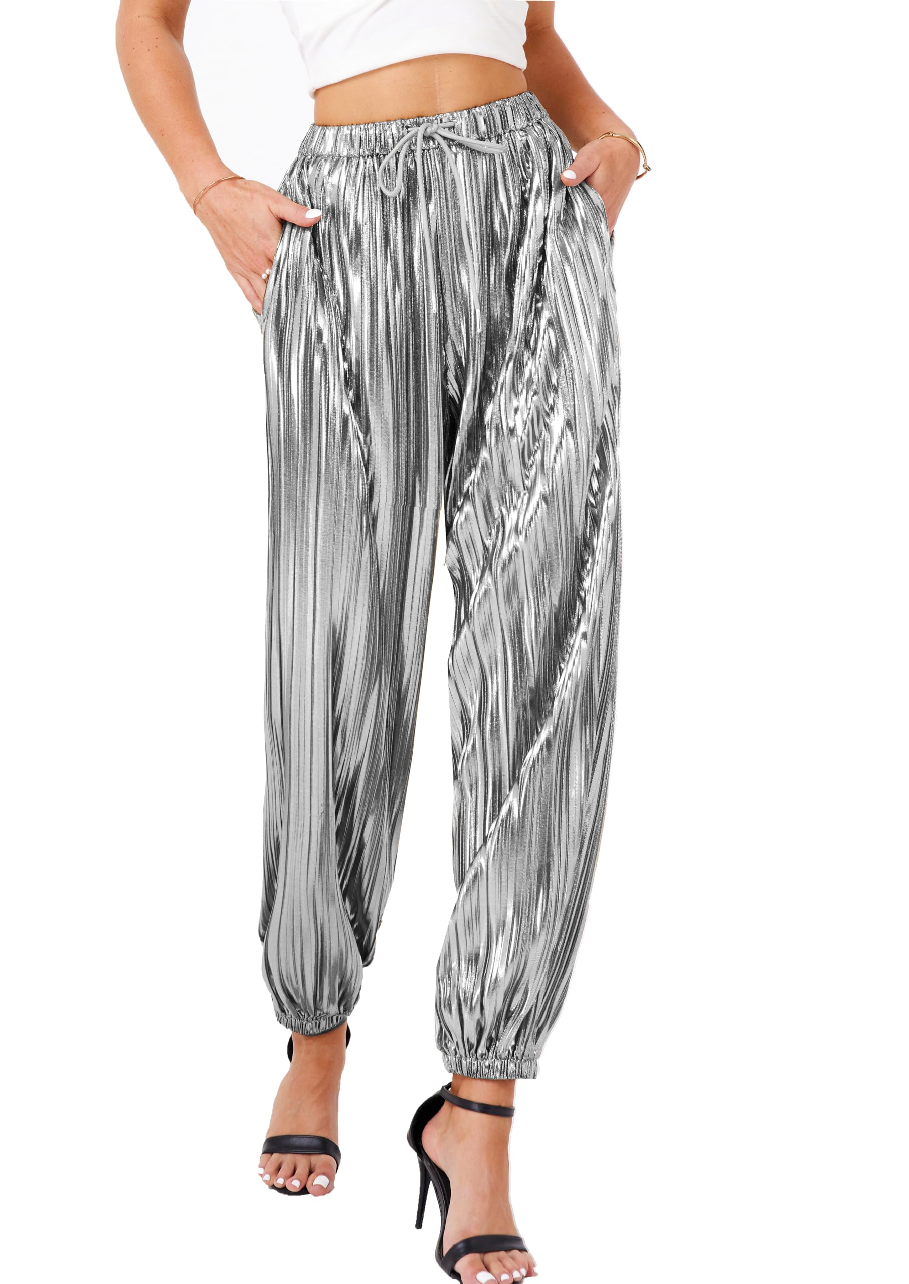 Photo 1 of heipeiwa Women's Metallic Pleated Sequin Shiny Joggers Pants Party Club Wear Sweatpant Trouser