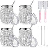 4 Set Bling Water Bottles 12 oz Bling Wine Tumbler Stainless Steel Diamond Rhinestone Cups with Lids Straws Cleaning Brush Glitter Cups for Women Wedding Bridal Shower Gifts Favors(Silver)