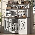 BestHaped Farmhouse Coffee Bar Cabinet with 3 Tier Storage Hutch, 47'' Coffee Bar Station with Sliding Barn Door, Hutch Storage Cabinet with 9 Wine Racks & 9 Hooks for Kitchen Dining Living Room