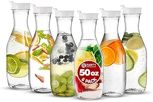 Party Bargains 50 oz. Plastic Carafe with Lids - Clear, 6 Count, White Flip Tab Lid Premium Quality & Heavy Duty Plastic Pitcher for Iced Tea, Powdered Juice, Cold Beverages, Mimosa Bar