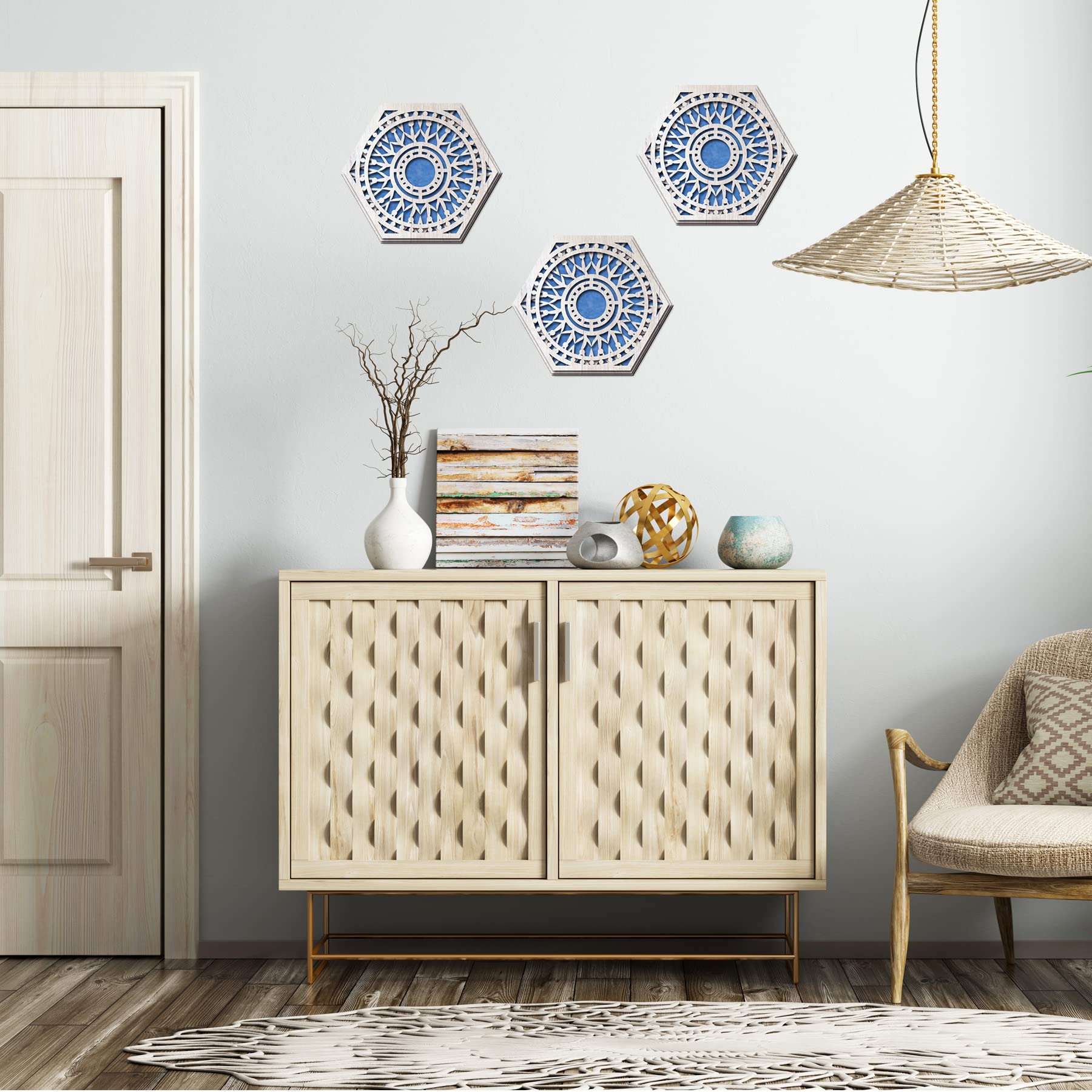 SUPERDANT 1 Packs Flower Wooden Art Acoustic Panels Cutout Blue Felt Design Soundproof Wall Panels Decorative Acoustical Wall Panels Stylish Hollow Out Acoustic Wall Art for Living Room Study Room