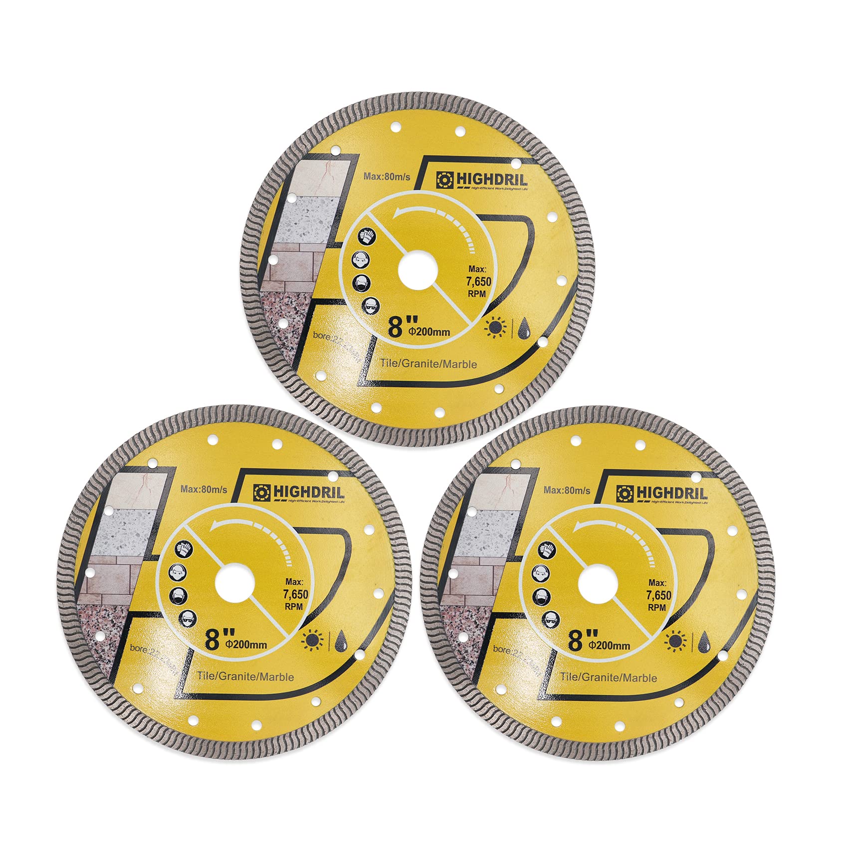 HIGHDRIL Diamond Saw Blade - 3Pcs 200MM Diamond Tile Blade with 22.23MM Arbor, Dry or Wet Cutting Disc for Porcelain Tile Ceramic Granite Marble Hard Material Masonry