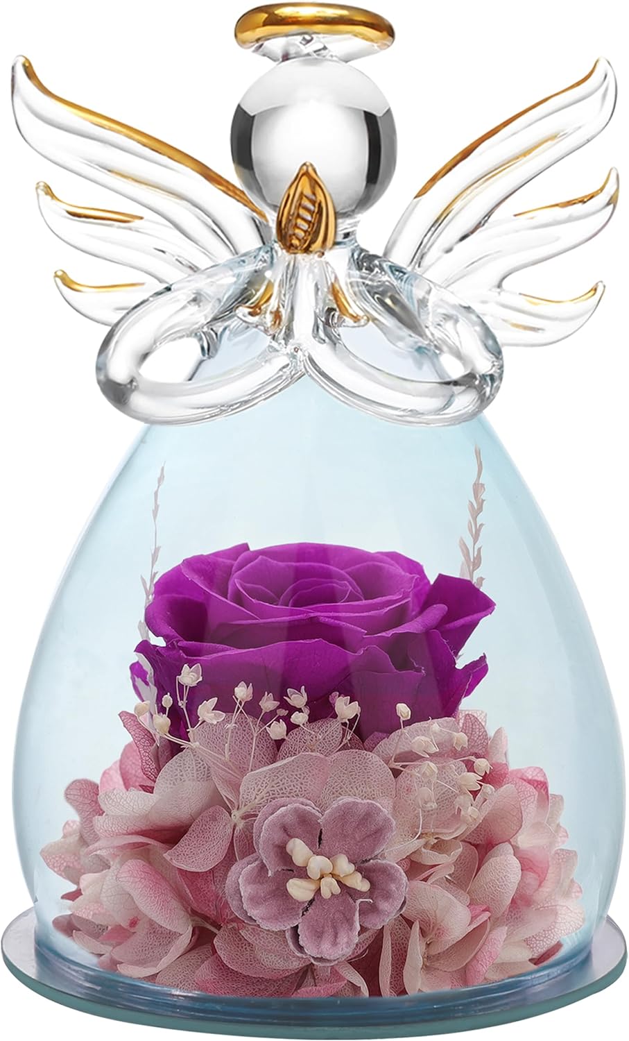 Dried & Preserved Flora - ANLUNOB Preserved Rose Birthday Gifts for Women Mom Grandma Wife, Glass Angel Figurines Gifts with Pretty Purple Flowers for Anniversary Wedding