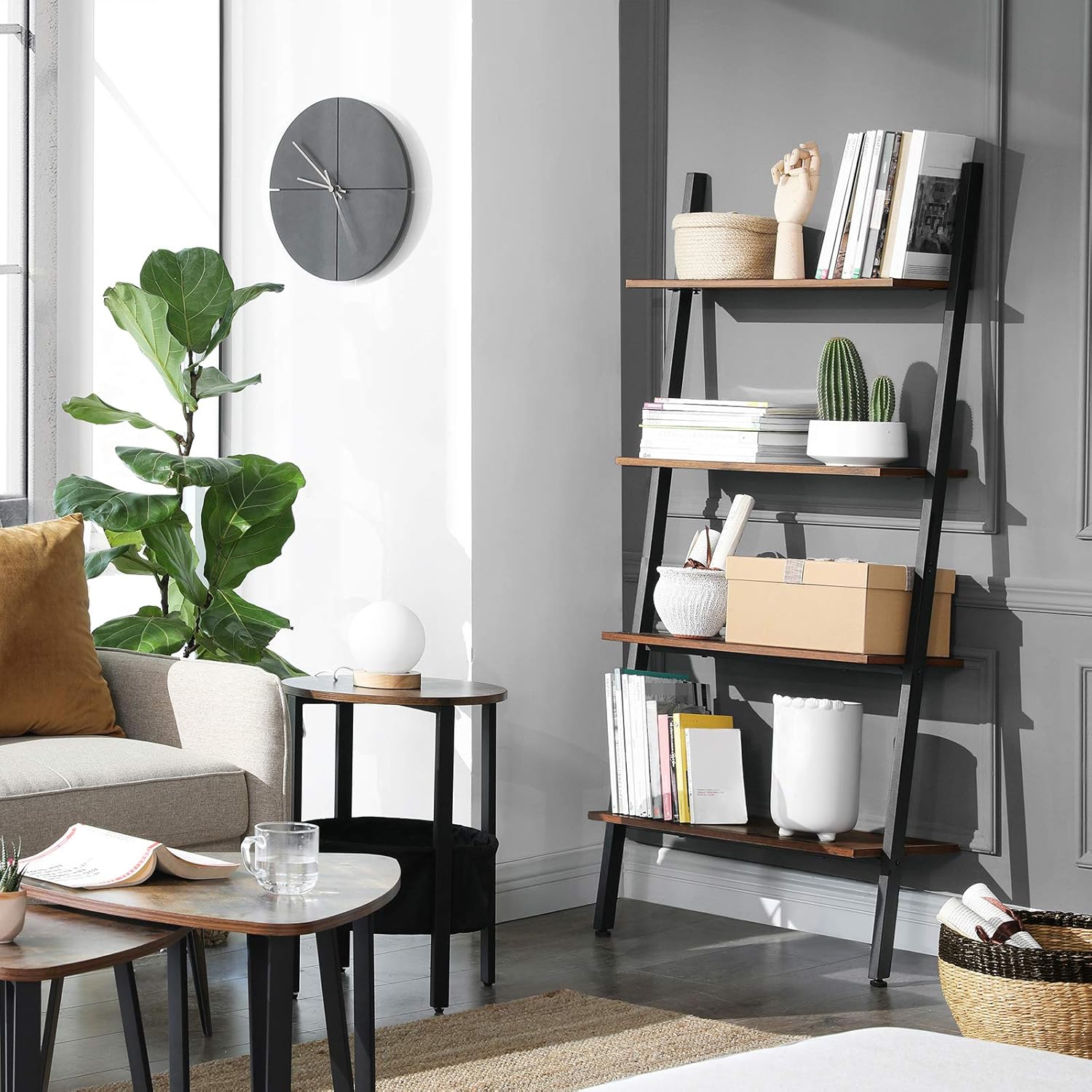 VASAGLE Industrial Ladder Shelf, 4-Tier Bookshelf, Storage Rack Shelves, for Living Room, Kitchen, Office, Iron, Stable, Sloping, Leaning Against The Wall, Rustic Brown ULLS43BX: Home & Kitchen