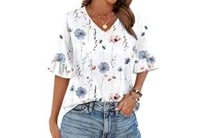 Zeagoo Womens Tops Casual V Neck Shirts Floral Solid Blouse Ruffle Tunics 3/4 Sleeve Tshirt S-XXL