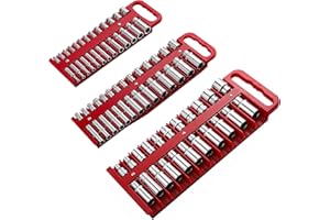 Reniteco Magnetic Socket Organizer Set, 3 Pcs Red Portable Heavy Duty Socket Rail - Set: 1/4-Inch x 22 Pallets, 3/8-Inch x 28 Pallets, 1/2-Inch x 26 Pallets, Hold 76 Sockets - Fit Shallow&Deep Sockets