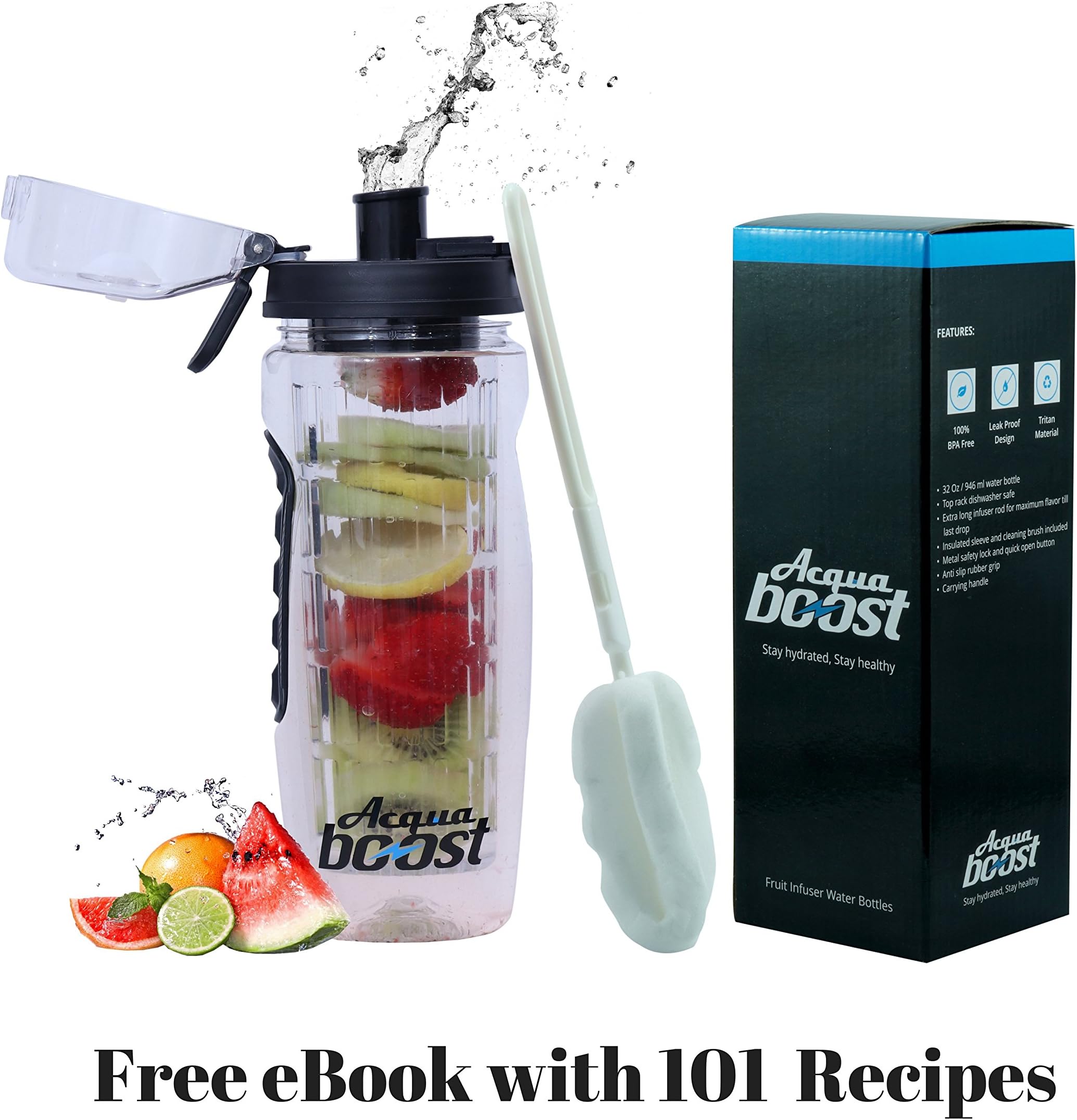 Acquaboost Fruit Infuser Water Bottle Black - 1 Litre, Cleaning Brush, Insulated Sleeve with Free 101 Infused Water Recipes
