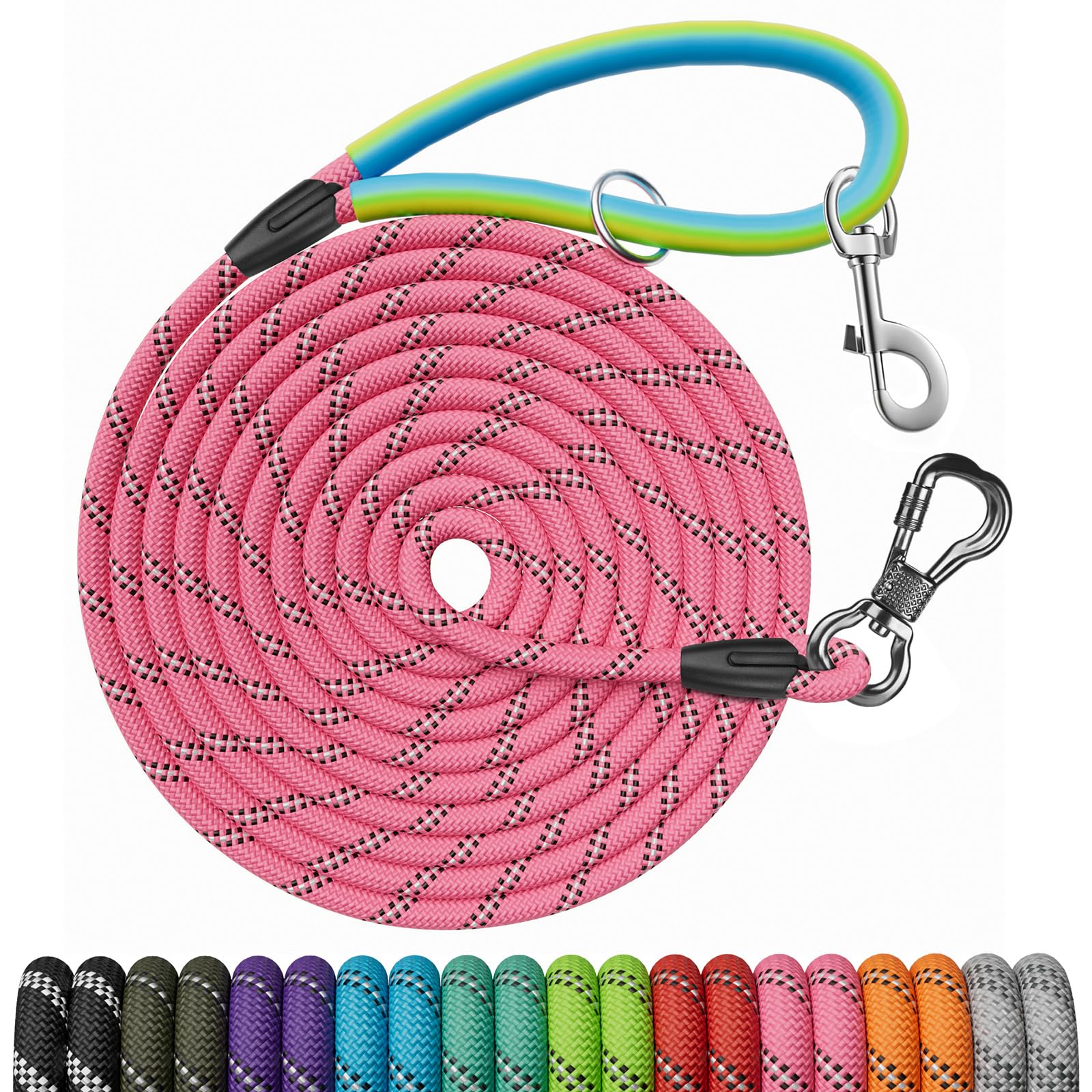 Photo 1 of NTR Long Dog Leash, 15FT Recall Training Lead, with 2 Swivel Hooks, Reflective Threads and Soft Rubber Handle, Puppy Leash for Walking, Hunting, Camping for Small Medium and Large Dogs-Pink