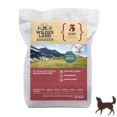 Wildes Land | Trockenfutter für alle Hunde | mit Kartoffeln oder Reis und Wildkräutern | Getreidefrei oder Glutenfrei | Viel 