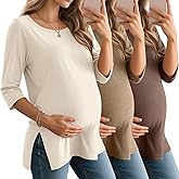 Baggyfly 3 Pack Women's 3/4 Sleeve Maternity Shirts Elbow Length Clothes Round Neck Tunics Pregnancy Loose Side Split Tops