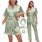 MEEYI Silk Pajamas for Women 3 Piece Satin Pajama Set Ruffle Cute Pj Sets Button Down Sleepwear Side Pockets