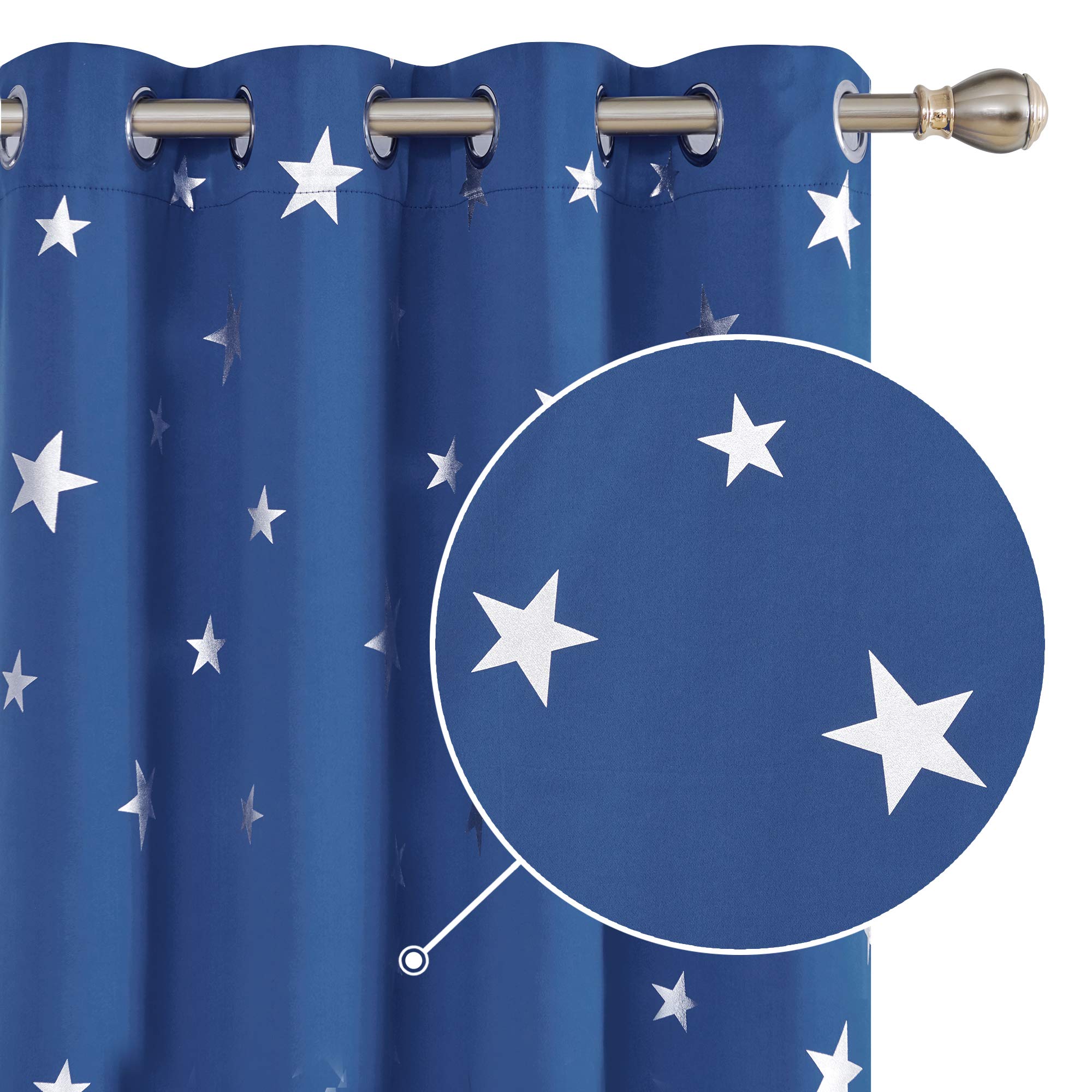 Deconovo Thermal Insulated Blackout Curtains Eyelet Silver Star Foil Printed Curtains for Kids Bedroom 52x72 Inch Blue 2 Panels