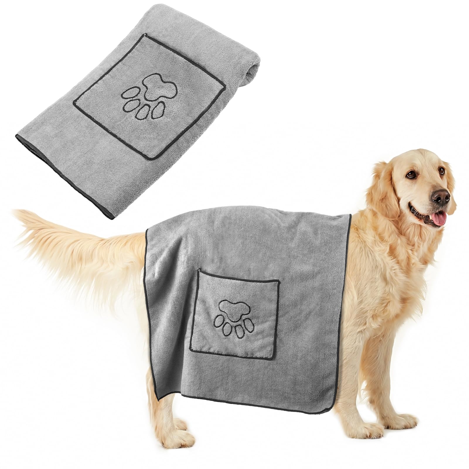 Radsocken Dog Towel Super Absorbent 100x50cm Microfibre Pet Towel with Hand Pockets for Dogs Cats and other Pets (Grey)