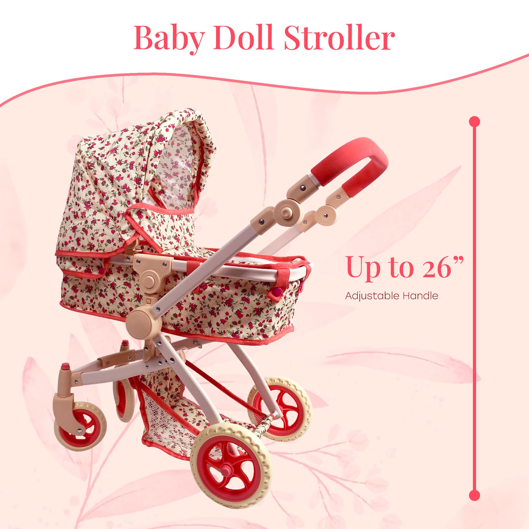 Convertible Combo Baby Doll Stroller for 3 Year Old Girls & Up | Play Toy Baby Stroller for Dolls, Folding Adjustable Bassinet Carriage Buggy with Storage Basket Converts to Sit Up Pushcart Pram, Red