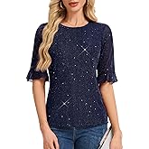 HomRain Womens Ruffle 3/4 Sleeve Sparkle Top Blouses Casual Shirts Crew Neck Glitter Night Out Tops for Elegant Evening