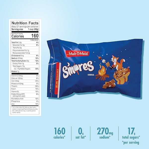 MALT-O-MEAL S’MORES BREAKFAST CEREAL, CHOCOLATEY PUFFS AND MARSHMALLOW BITS, LARGE CEREAL FOR FAMILY, 30 OZ RESEALABLE BAG