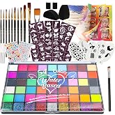 Pintada 54 Color Face Painting Kit for Kids - Non Toxic Water Activated Face Paint Palette with Stencils, Book, Brush & Sponges . For Halloween, Carnival, Party; Costume Makeup for Creative Activities