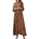 R.Vivimos Fall Dresses for Women Long Sleeve Pleated Casual Mock Neck Elegant Print Maxi Dress with Belt