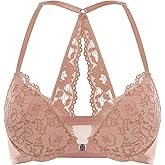 DOBREVA Women's Push Up Bra Racerback Front Closure Bras Lace Padded Underwire Plunge Floral