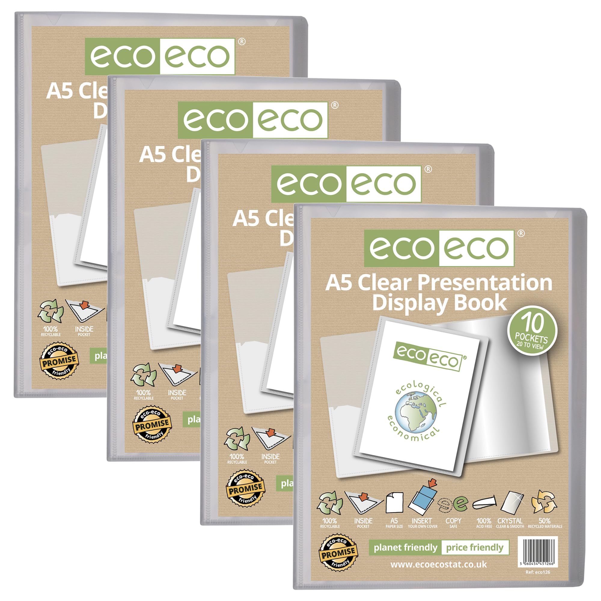 eco-eco A5 Size 50 Percent Recycled 10 Pocket Clear Presentation Display Book, Storage Case Portfolio Art Folder with Plastic Sleeves, Pack of 4, eco126x4