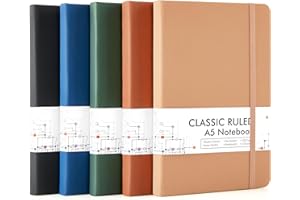 feela Journal Notebook Bulk for School, Hardcover Business Classic Ruled Lined Journals with Pen Holder for Work Office Journaling, with 5 Black Pens, 120 GSM, 5.1”x8.3”, 5 Pack, A5, Vintage Colors